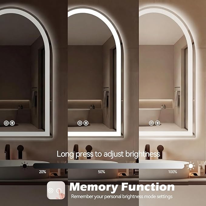 Sweetcrispy 28“×36” LED Bathroom Backlit Mirror with Lights, Arched Vanity Mirror with Anti-Fog, Dimmable, 3-Color Light, Memory Function, Tempered Glass