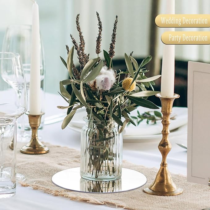 6 Pcs 7.87 Inch Round Mirror Candle Plate, Circle Mirror Centerpieces, for Table Centerpieces & Wedding & Christmas Decorations & Baby Shower Party (7.87'' Silver)