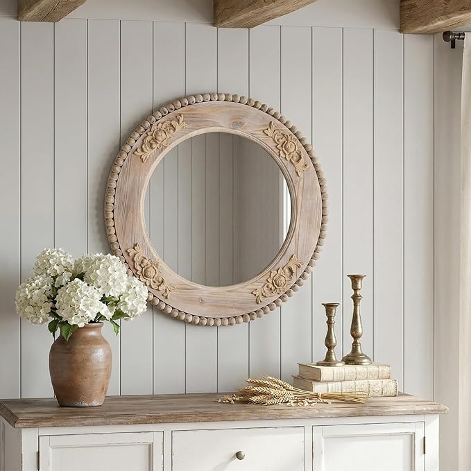 sawsile Round Wood Mirror,24 inch Circle Rustic Farmhouse Natural Wooden Frame Boho Beads Wall Mirror for Bathroom,Living Room,Bedroom or Entryway