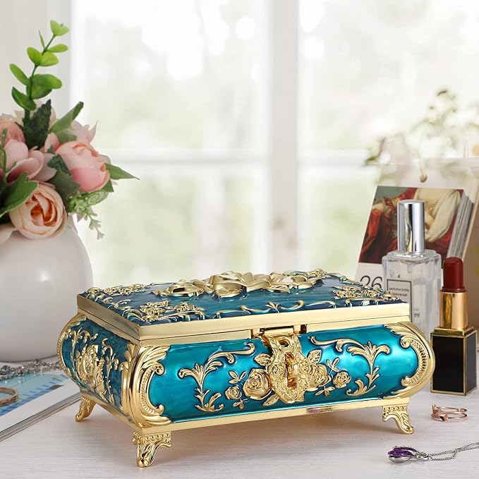 Hipiwe Metal Decorative Jewelry Box Vintage Treasure Chest Case Ornate Trinket Organizer Earrings Necklace Bracelet Storage Box Ring Holder Keepsake Box for Women