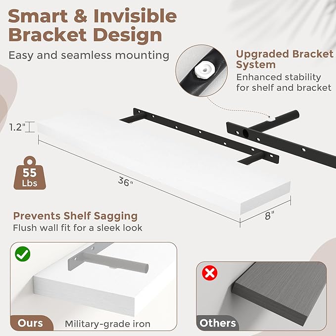 36 Inch Floating Shelves for Wall with Invisible Brackets Set of 2, 8"D Engineered Wood Wall Shelves with Wood Grain for Living Room, Bedroom, Bathroom, Kitchen Decor and Storage, White Finish