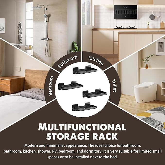 4 Pack Floating Shelves for Wall, Self Adhesive Small Shelf, No Drill Adhesive Wall Shelf, Floating Shelves Damage-Free Expand Walls Space for Living Room Kitchen Bathroom (Black)