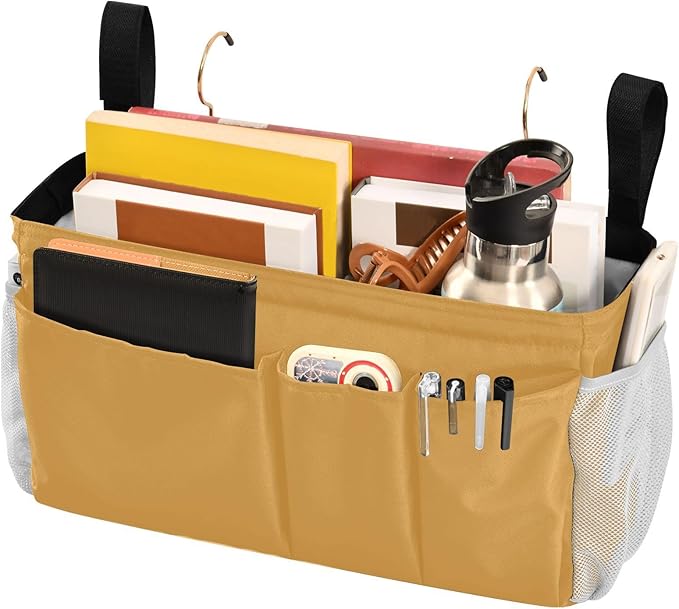 Mustard Yellow Bedside Caddy Storage Bag Bedside Organizer for Bunk Bed Headboards College Hanging Bag Bedside Shelf 6 Pockets with Hooks for Magazine Water Bottle Holder