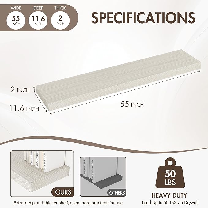 Acovy 55 Inch Floating Shelves, 12" Deep Floating Shelf Wall Mounted, 55" Wall Shelves, Rustic Deep Bookshelf, Extra Deeper & Thicker Display Shelves for Bedroom, Living Room, Gray, Set of 2