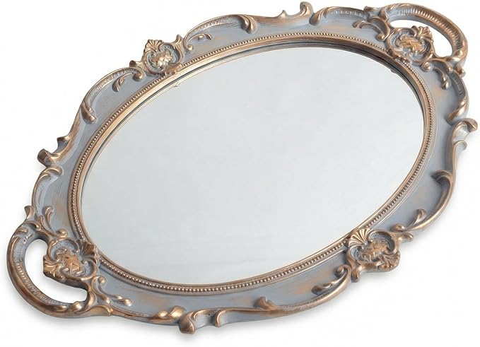 Oval Vintage Decorative Mirror Tray, 14.6'' x 9.8'' Jewelry Dresser Organizer Tray, Cosmetics Makeup Storage Organizer, Serving Tray - Gray