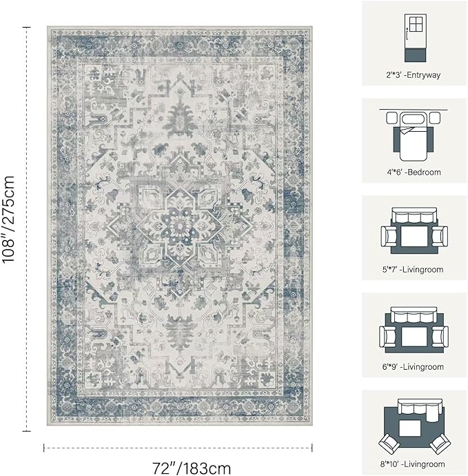 Rugxara 6x9 Washable Area Rug for Living Room, Neutral Vintage Large Boho Rugs for Office, Dining Room, Kids Room, Farmhouse, Durable Low Pile Non Slip Carpet for High Traffic Areas, Light Blue Grey