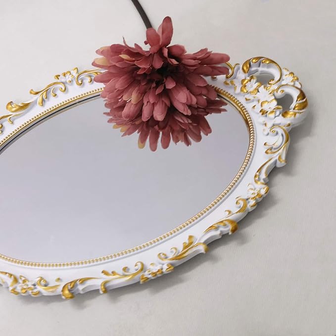 Oval Decorative Mirror Tray, French Style Flower Frame, Makeup Organizer, Jewelry Organizer, Serving Tray, 9.8"x 14.6", Golden White