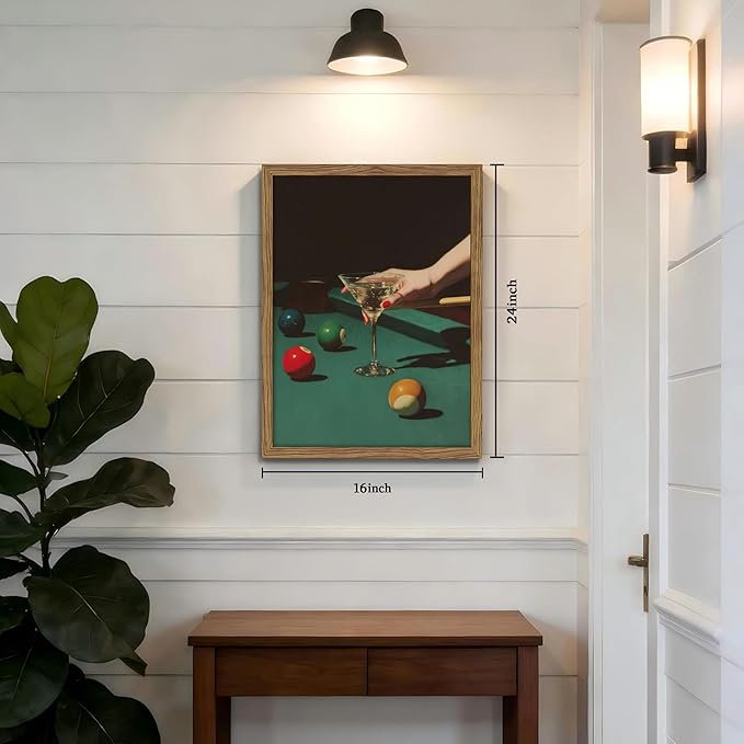 Vintage Cocktail Wall Art, Funky Martini Glass Billiards Canvas Wall Decor Painting, Trendy Y2k Aesthetic Bar Artwork Prints Pictures for Living Room Home Bar Lounge 16x24 Inch Wood Framed