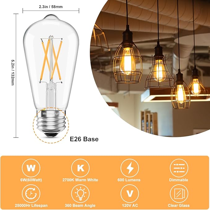 MorningLight 12 Pack Dimmable Vintage LED Edison Bulbs 60Watt, E26 LED Edison Bulbs 60 Watt Warm White 2700K, ST58 Antique Decorative Filament Bulb 6W for Farmhouse Pendant, Porch Lights, 600LM