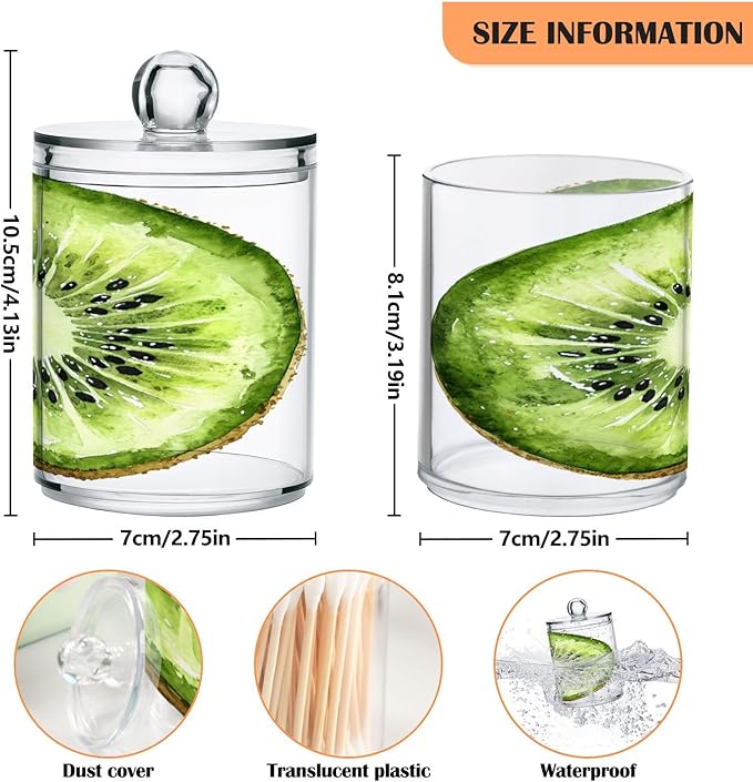Nander 2Pack Fresh Kiwis Qtip Holder Dispenser -Clear Plastic Apothecary Jars Set - Restroom Bathroom Makeup Organizers Containers for Cotton Swab, Ball, Pads, Floss