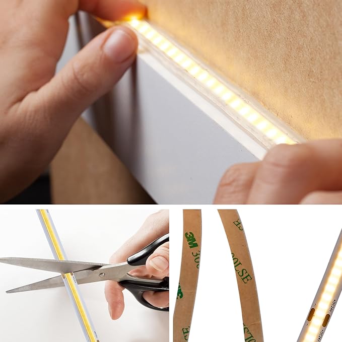 Maxxima 16.5 ft. COB LED Strip Light Spool, Plug-in Or Hardwired with Power Supply, 3000K Warm White, Dimmable, Self Adhesive Cuttable Rope Tape Light Roll for Bedroom, Kitchen and Mirror