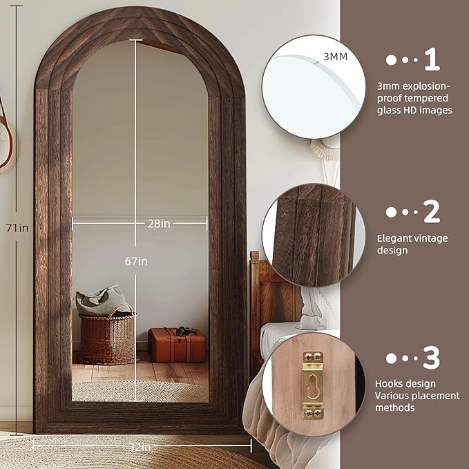 ZHUNFA Arched Full Length Mirror with Solid Wood Frame, 71x32 Farmhouse Wall Mounted Floor Mirror with Stand, Vertical Hanging, Leaning Standing for Bedroom, Living Room, Brown