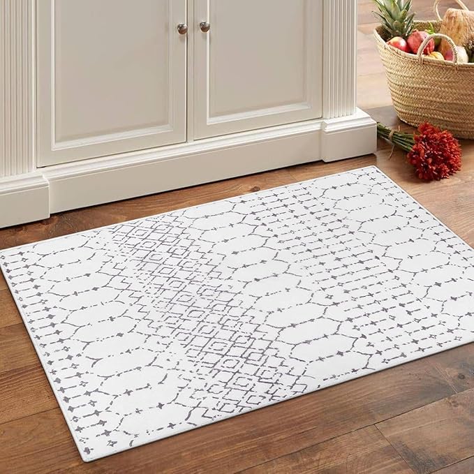 Lahome Moroccan Door Rugs for Entryway Indoor 2x3 Non-Slip Washable Front Door Mat Stain Resistant Untra-Thin Grey White Small Kitchen Rug, Geometric Inside Door Mats for Entrance Bathroom Sink Hana