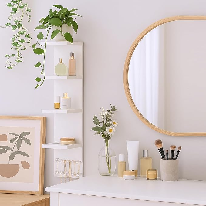 LitaEther 4 Tier White Lack Shelf Vanity Wall Shelf with 10 Crystal Hooks - Multi-Functional Storage for Makeup, Jewelry, Plants, Awards & Display (L7.1 x W5.5 x H30.7) (1)