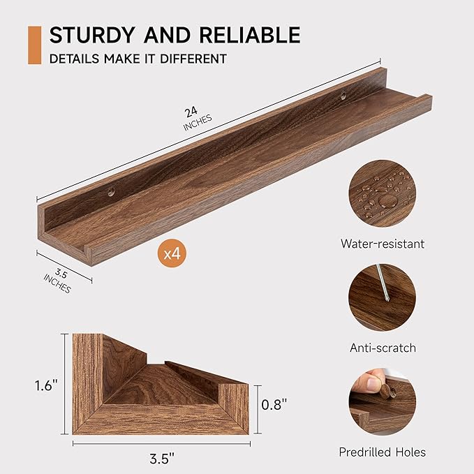 Fun Memories Picture Ledge Shelf for Wall, Floating Shelves Set of 4, 24 Inch Long Nursery Book Shelves for Toys Storage, Kids Bookshelf Wall Mounted for Books Photo Frames, Walnut