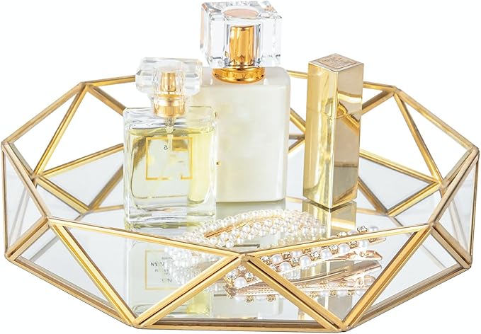 Feyarl Gold Glass Perfume Tray Mirror Vanity Jewelry Trinket Organizer Tray Ornate Cosmetic Makeup Display Decorative Coffee Table Tray for Wedding Home Decor Dresser Tabletop Countertop (9.5inch)