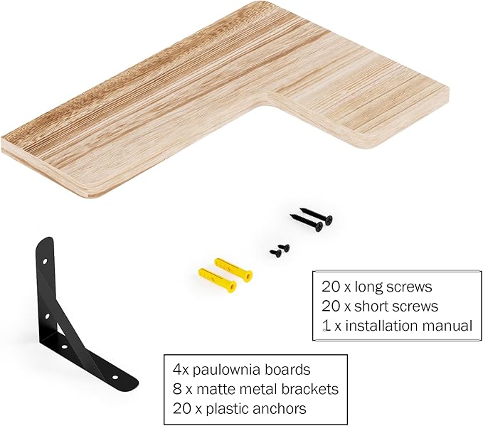 Muzilife Corner Floating Shelves Wooden Floating Shelves Set of 4, Wall Mounted for Storage, L-Shaped Wall Decor Organizer for Bedroom, Bathroom, Kitchen, Living Room and Office, Natural Wood