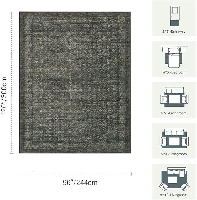 8x10 Washable Area Rug for Living Room, Extra Large,Green Vintage Floral Boho Rugs for Dining Room, Farmhouse, Durable Low Pile Non Slip Carpet for High Traffic Areas, Moss Brown