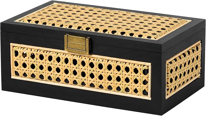 Rattan Storage Boxes Decorative Handmade Natural Wood Baskets with Lid Wooden Frame Boho Rustic Wicker Box Stacking Woven Cane Bins Shelf Closet Desk Organizer Container (Black, Small)