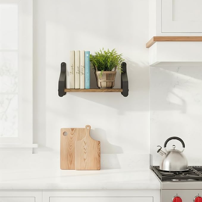Rustic State Rustico 16" Floating Wall Bookshelf with Iron Brackets Wall Mounted Wooden Floating Industrial Shelf - Walnut