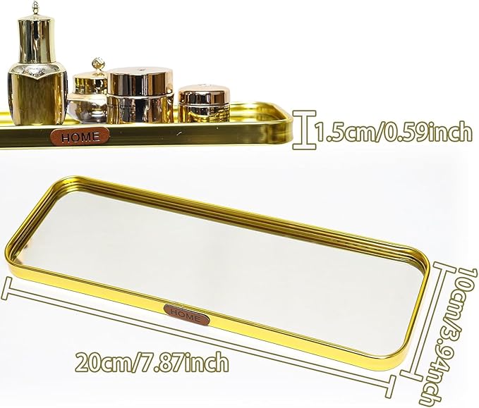 Gold Mirrored Vanity Tray, Small Rectangular Stainless Steel Perfume Organizer, Decorative Glass Mirror Tray for Jewelry, Makeup, Skincare, Bathroom Countertop,Dresser Decor (7.87" x 3.94")