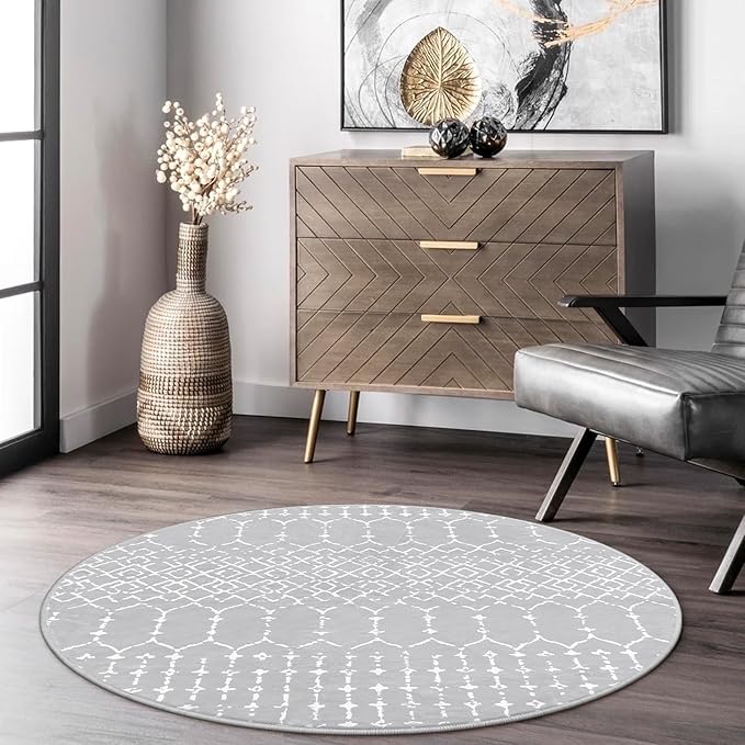 Lahome Moroccan Round Washable Rug 3Ft Small Circle Soft Non-Slip Grey Bathroom Rug, Stain Resistant Low Pile Entryway, Modern Geometric Print Indoor for Kitchen Sofa Doorway Hana