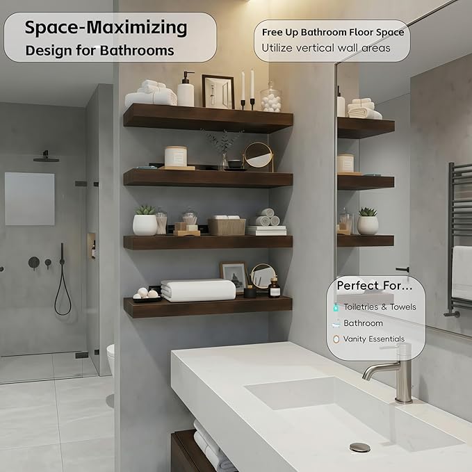 Lufia Floating Wall Shelves, Set of 4, MDF with Invisible Brackets, Modern Storage for Bedroom, Bathroom, Living Room, Kitchen (Rustic Brown, 15.8" W x 5.5" D x 1.2" H)