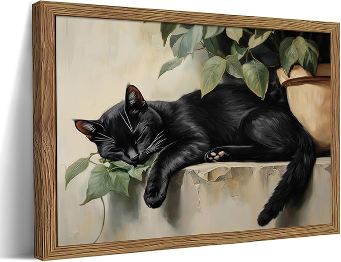 Framed Black Cat Wall Art, Vintage Sleeping Cat Picture Wall Decor, Cute Animal Poster Canvas Prints, Rustic Plant Paintings Artwork for Living room Bedroom Bathroom Decor – 8x10 inch