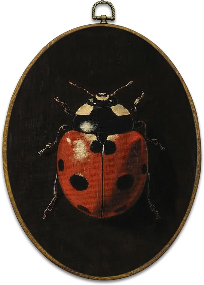Mcehtle Moody Ladybug Wall Art Decor, Vintage Dark Academia Nature Insect Oval Framed Canvas Prints 8.6x11.4, Minimalist Botanical Bug Wall Hanging Artwork Decorations for Home Bedroom Gallery