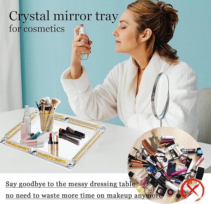 Gold Glass Tray, 11.8" x 7.9" Decorative Crystal Glass Cosmetic Perfume Display Tray for Gorgeous Dresser Countertop,Noble Jewelry Organizer with Diamond for Home Decor,Banquet Party