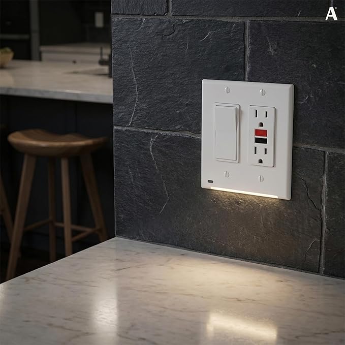 AMERELLE Universal LumiCover Outlet Cover Wallplate with Built-In Night Light, 2 Gang Double Décor, White - Easy DIY Installation, Low-Profile Design, for GFCI Outlets and Decor Outlets & Switches