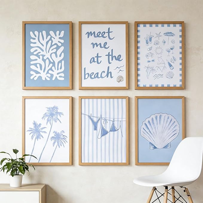 Zuowclli 6Pcs Coastal Granddaughter Wall Art Prints Blue Beachy Shell Bikini Palm Tree Wall Decor Pictures Summer Meet Me At The Beach Preppy Aesthetic Posters for Girly Bedroom Dorm Apartment 8x10in