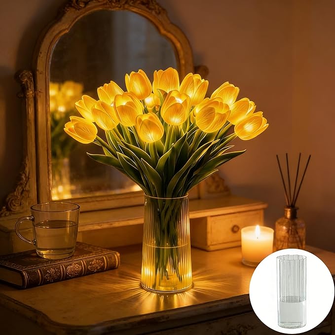 Radiant Romantic Tulip Light with a Vase, 15 PCS Twinkling Tree Tulips Led Night Light that Never Fade, Flower Shaped Ambient Night Lamp for Bedroom Bedside Decor & Gift (Yellow(with Vase))