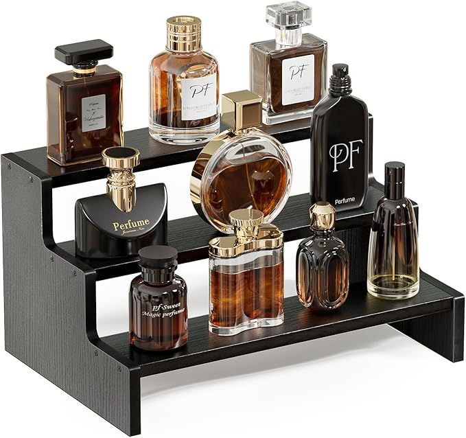 ProCase Wooden Cologne Organizer for Men, 3 Tier Perfume Organizer, Mens Cologne Stand Holder Storage, Display Riser Shelf Rack for Fragrances Candles Cosmetics Cupcake Figure Spice -Black