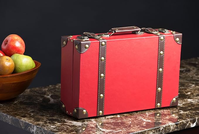 wald imports - Paperboard Suitcase -Decorative Storage Boxes - Suitcase for Decoration, Storage, and More (Faux Leather Red)