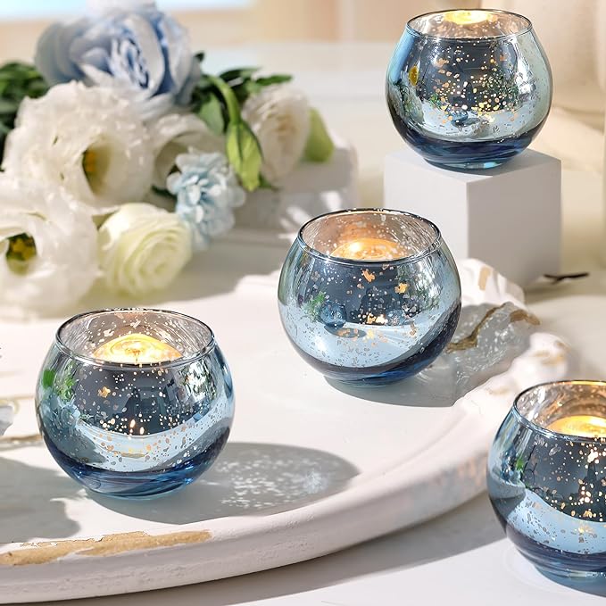 Volens Round Blue Votive Candle Holders Set of 12, Blue Wedding Centerpiece Table Decorations, Mercury Glass Tealight Candle Holder for Bridal Shower, Baby Shower & Home Decor