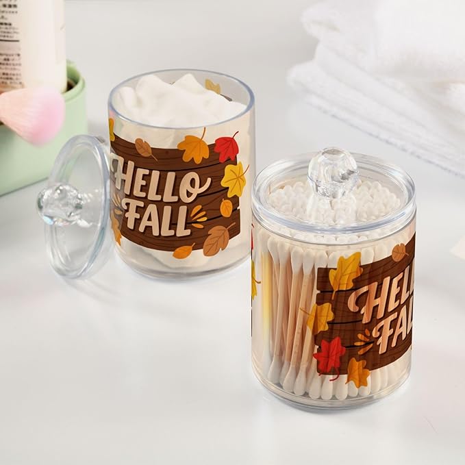 2 Pack Apothecary Jars Dark Brown Hello Fall Bathroom Vanity Storage Organizer Set,Small Clear Plastic Storage Jars Bathroom Canister for Cotton Swabs, Rounds, Balls, Qtips,Makeup Sponges, Flos