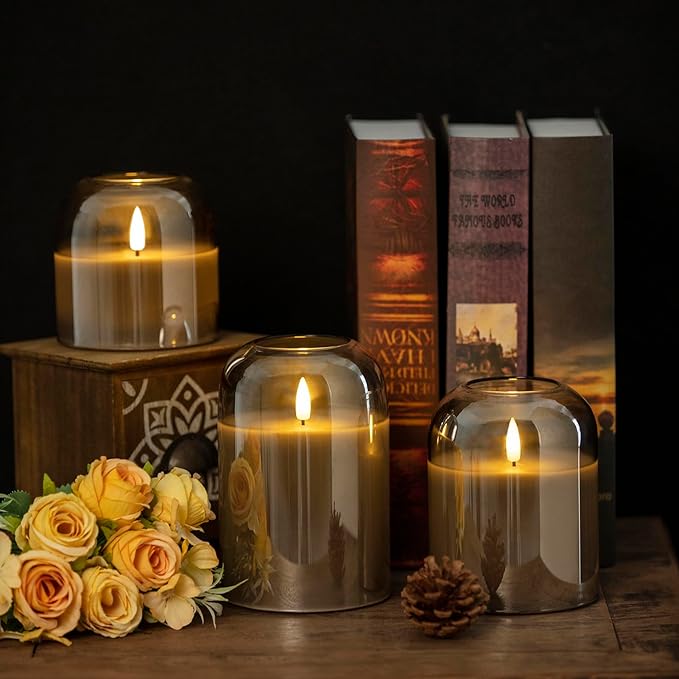 volnyus Grey Glass Flameless Candles with Remote Set of 3 Battery Operated Flickering LED Pillar Candles Real Wax Wick Φ 4"" H 4"" 5"" 6"", Gray
