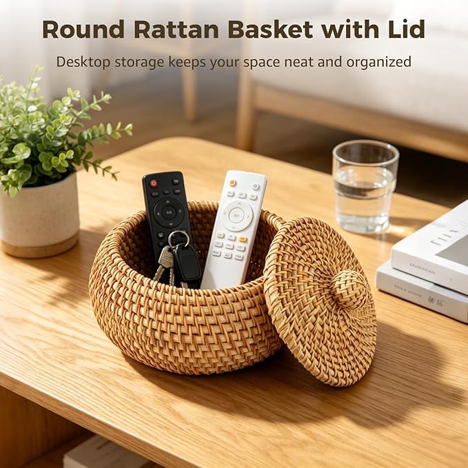 ZALIR Round Rattan Basket with Lid, Small Handmade Woven Storage Basket, Decorative Organizer Box, Vintage Rattan Tabletop Container for Keys, Candy, Sundries, 5.9 x 3.5 in