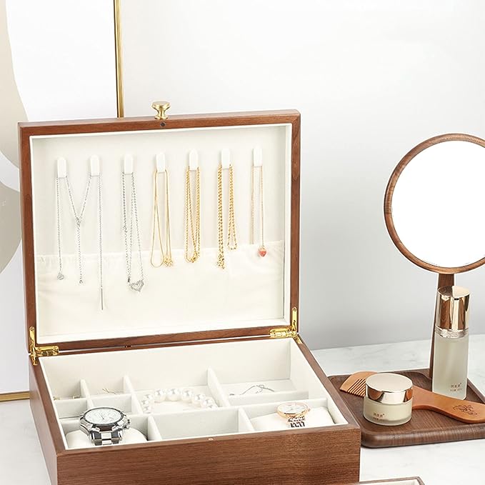 VSULZVNU Makeup Organizers Luxury Wooden Jewelry Box Organizer 2layer Jewelry Storage Case Gift Casket Earring Rings Necklace Jewellery Boxes Jewelry Case