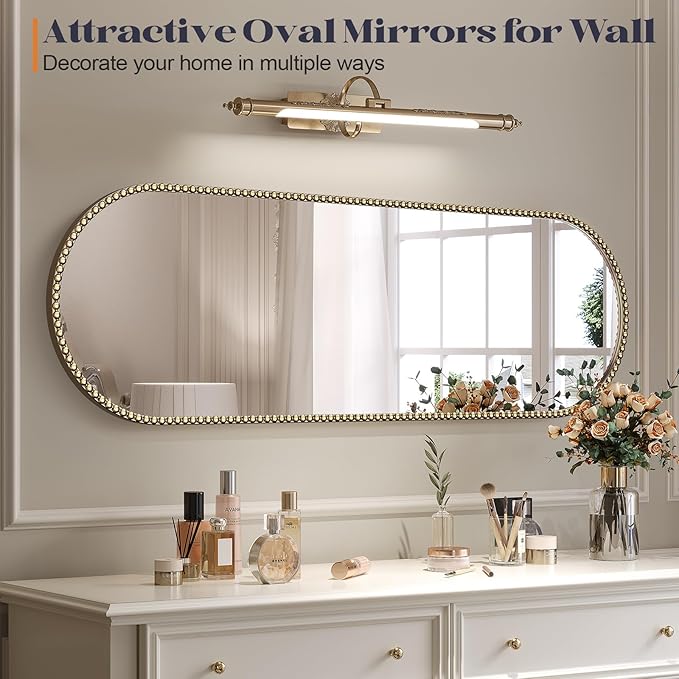 Champagne Bronze Bathroom Mirror with Beaded, 16"x48" Oval Full Length Mirror for Wall Decorated, Gold Vintage Bead Mirrors with Brass Frame for Bedroom,Living Room,Hallway,Fireplace