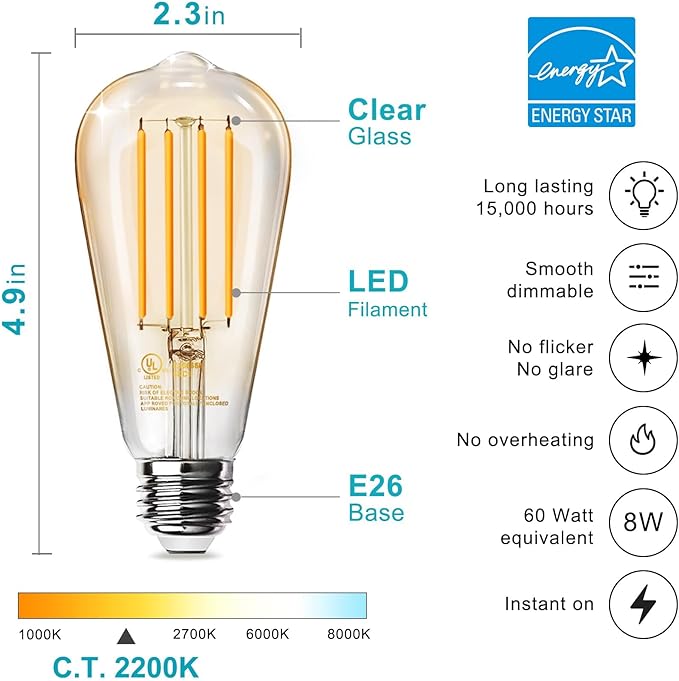 TJOY 12 Pack Vintage LED Edison Amber Light Bulbs, 60W Equivalent, Dimmable, 8W, 800 Lumens, 2200K Soft White, ST58, E26 Base LED Filament Bulbs, CRI80+, Antique Glass Style for Home, Bedroom