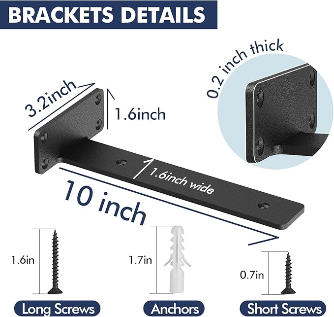 Starunder 12 Pack Floating Shelf Brackets, 10 Inch Heavy Duty Industrial Shelf Bracket, Black Metal L Brackets for Shelves Support DIY(1/5 Inch Thicked)