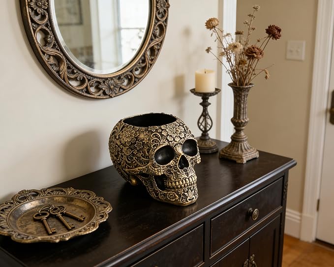 Skull Bowl Decorative Skull Vase Makeup Brush Pen Holder Organizer Dresser Gothic Table Organizer Decoration, Antique Gold Skull Pot Enthusiasts Gifts