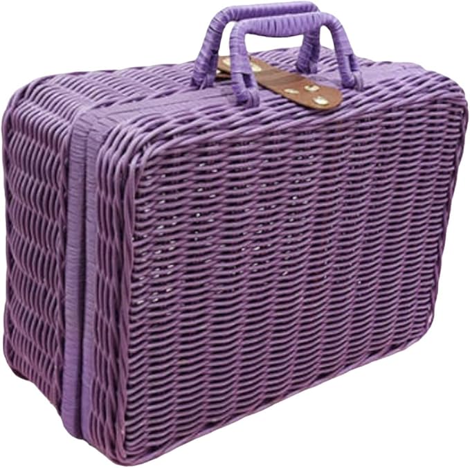 Woven Suitcase Imitation Rattan Storage Basket Gift Box Rustic Picnic Suitcase Handwoven Storage Case for Travelling Bathroom, Violet XL