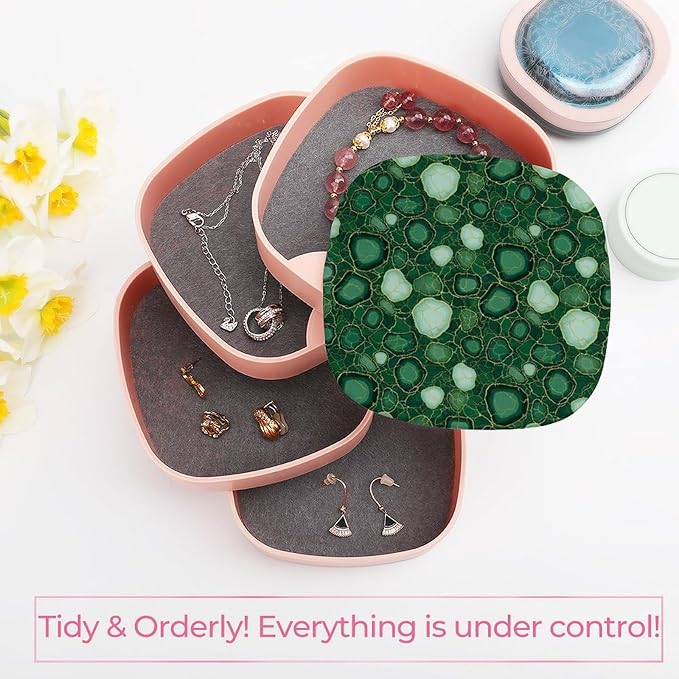 4 Layer Rotatable Travel Jewelry Case with Lid Emerald Green Marbled Teal Marble Jewelry Organizer Storage Box Earring Holder