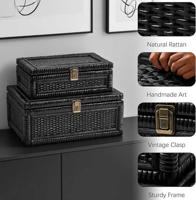 Rattan Box with Lid Decorative Natural Handmade Boho Rattan Baskets Woven Wicker Cane Bins Keepsake Memory Jewelry Boxes Rectangular Desk Shelf Closet Organizer Container (Black, Large)