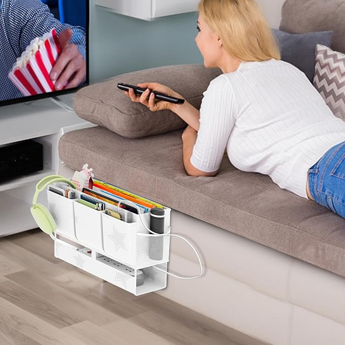 homyfort Bedside Caddy Organizer, Dual-Purpose Bedside Storage with Power Strip Holder, Versatile Bed Caddy with 11 Pockets for Bunk Bed, College Dorm, Home, Hospital, Fits Phones, Books, White