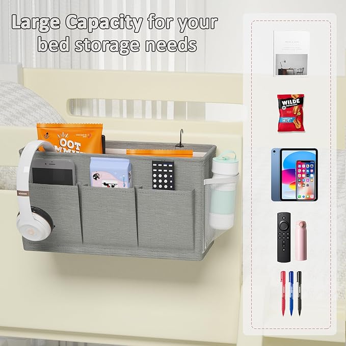 Edudif Dual-purpose Bedside Caddy Bedside Organizer, Bed Caddy with 6 Pockets, Versatile Bedside Storage Solution Magazine Remotes holder, ideal for Home, Dorm, Hospital, Crib Bed (Grey)