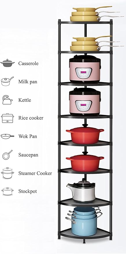 8-Tier Kitchen Pot Rack, Cookware Stand Storage Organizer ，Multi-Layer Corner Shelf Stand Metal Shelves for Kitchen